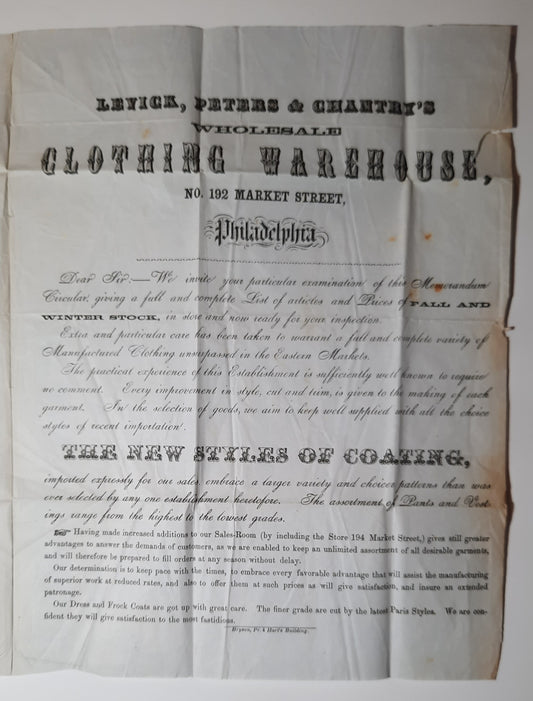 1853 Levick Peters & Chantry's Wholesale Readymade Clothing Price list to Parks, Plunkett & Company, "PAID" Philadelphia-TN