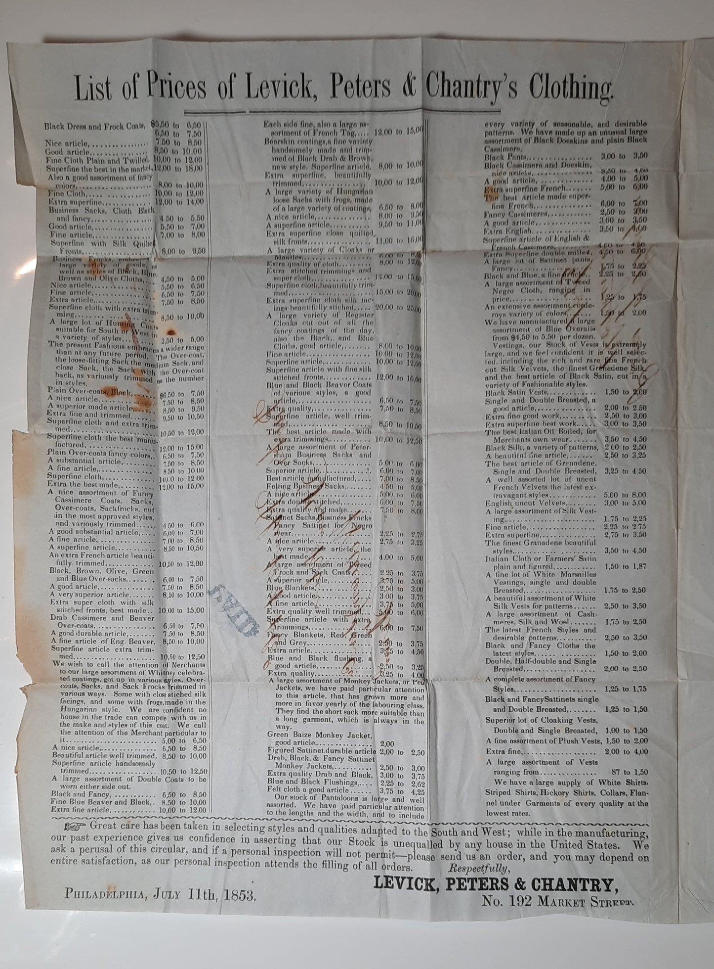 1853 Levick Peters & Chantry's Wholesale Readymade Clothing Price list to Parks, Plunkett & Company, "PAID" Philadelphia-TN