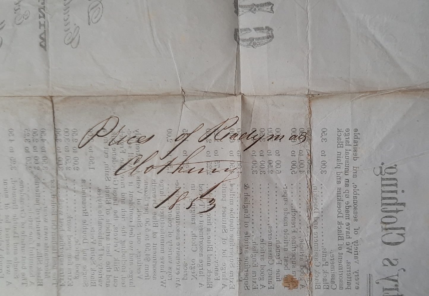 1853 Levick Peters & Chantry's Wholesale Readymade Clothing Price list to Parks, Plunkett & Company, "PAID" Philadelphia-TN