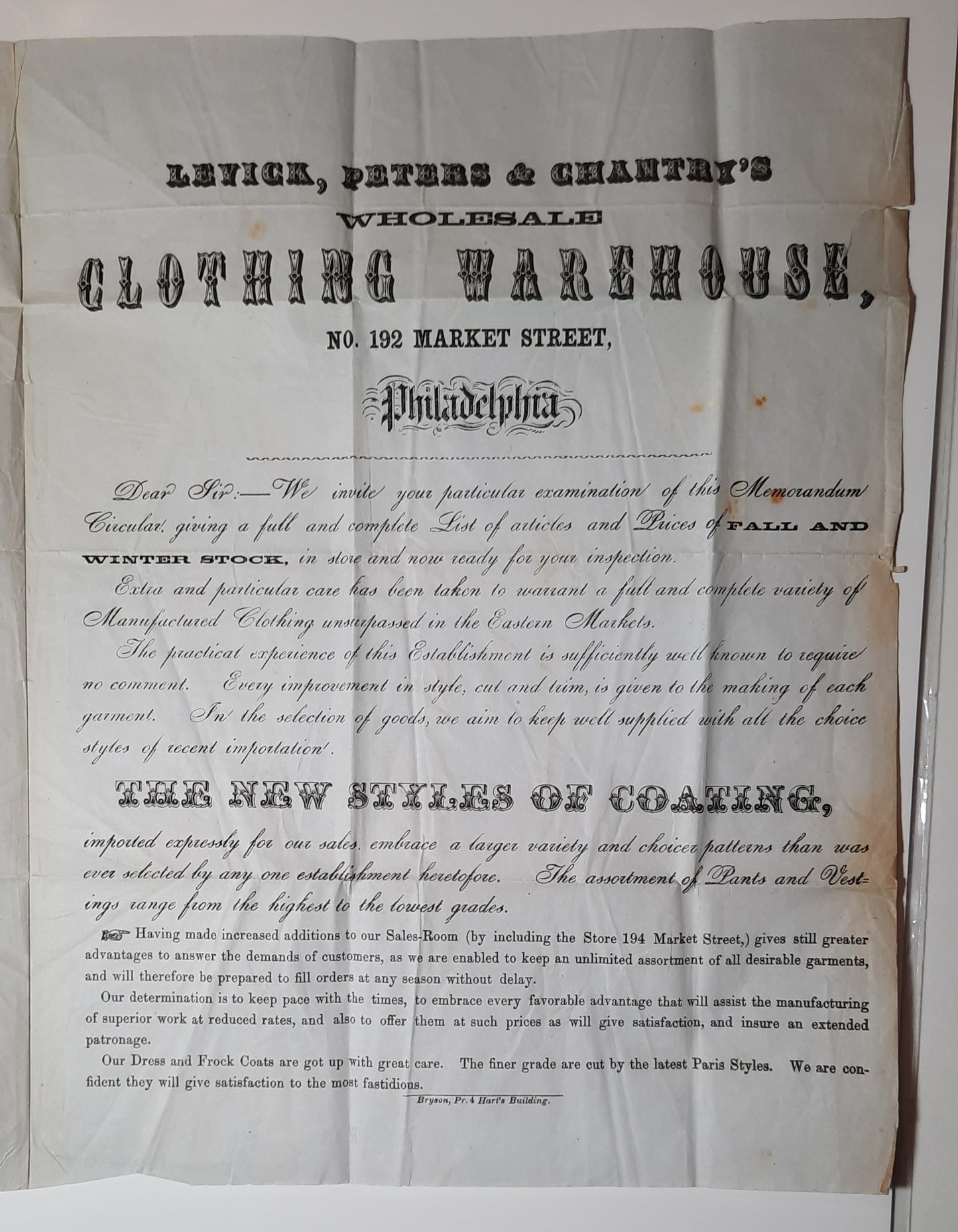 1853 Levick Peters & Chantry's Wholesale Readymade Clothing Price list to Parks, Plunkett & Company, "PAID" Philadelphia-TN