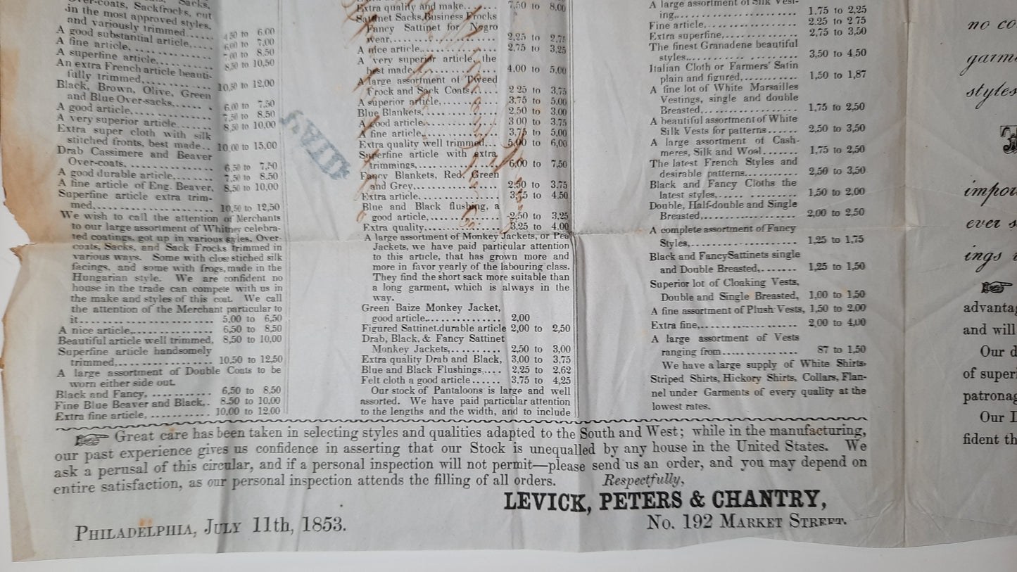 1853 Levick Peters & Chantry's Wholesale Readymade Clothing Price list to Parks, Plunkett & Company, "PAID" Philadelphia-TN