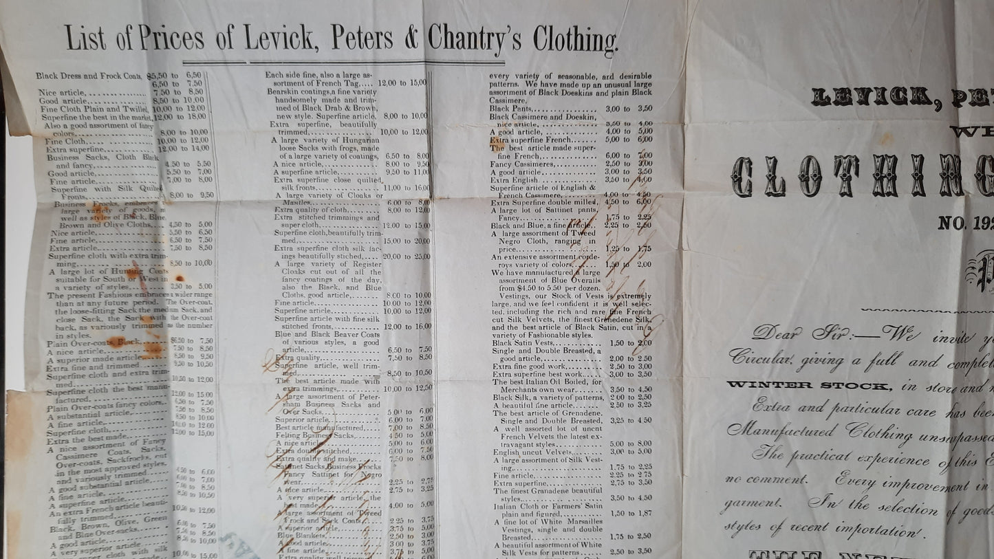 1853 Levick Peters & Chantry's Wholesale Readymade Clothing Price list to Parks, Plunkett & Company, "PAID" Philadelphia-TN