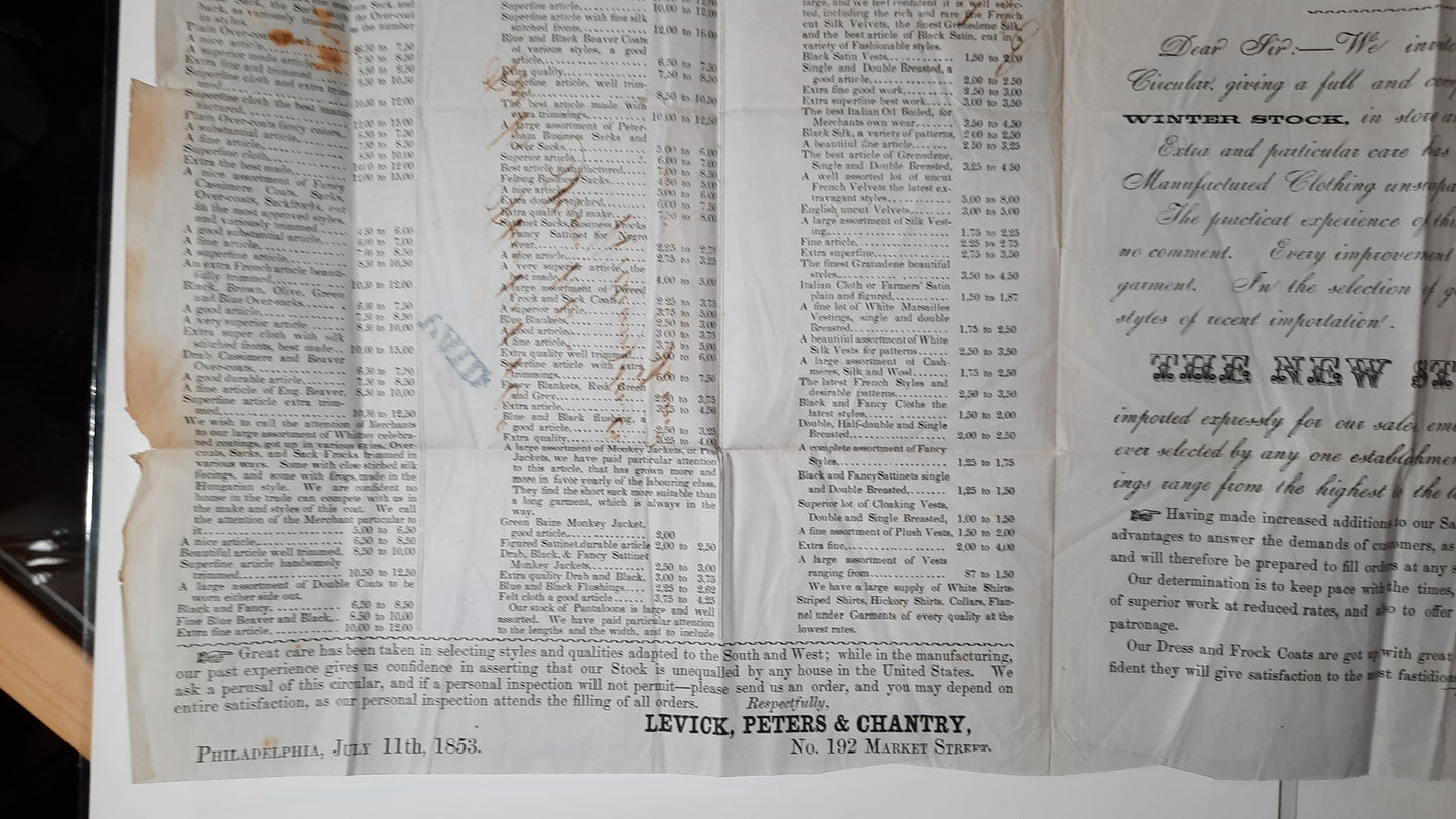 1853 Levick Peters & Chantry's Wholesale Readymade Clothing Price list to Parks, Plunkett & Company, "PAID" Philadelphia-TN