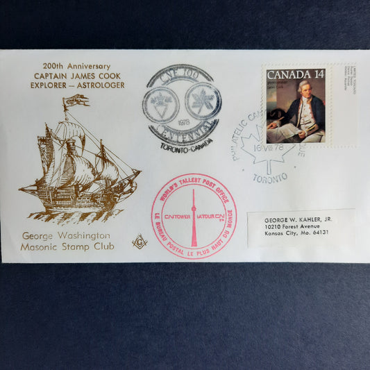 Captain James Cook, George Washington Masonic Stamp Club Cachet, Toronto Canada Scott 763, PO CDS Cover