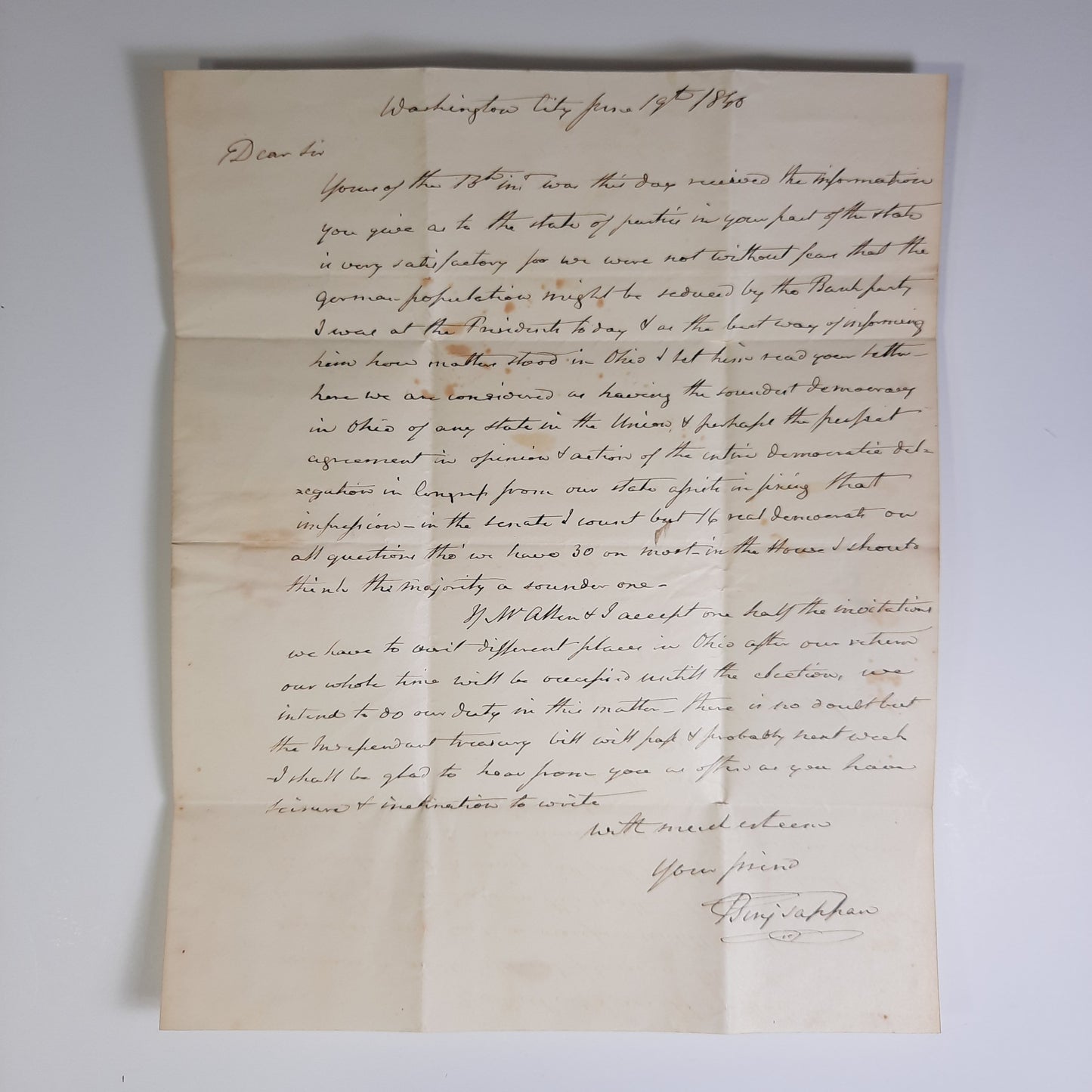 1840 Benjamin Tappan, Ohio US Senator ALS Washington DC free frank and letter signed with 1840 Elections content