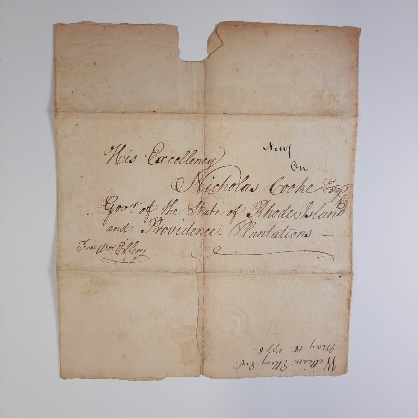 1778 William Ellery, Declaration of Independence Signer, Wartime Autograph, Continental Congress Congressional Free Frank to 1st Governor Rhode Island Nicholas Cooke