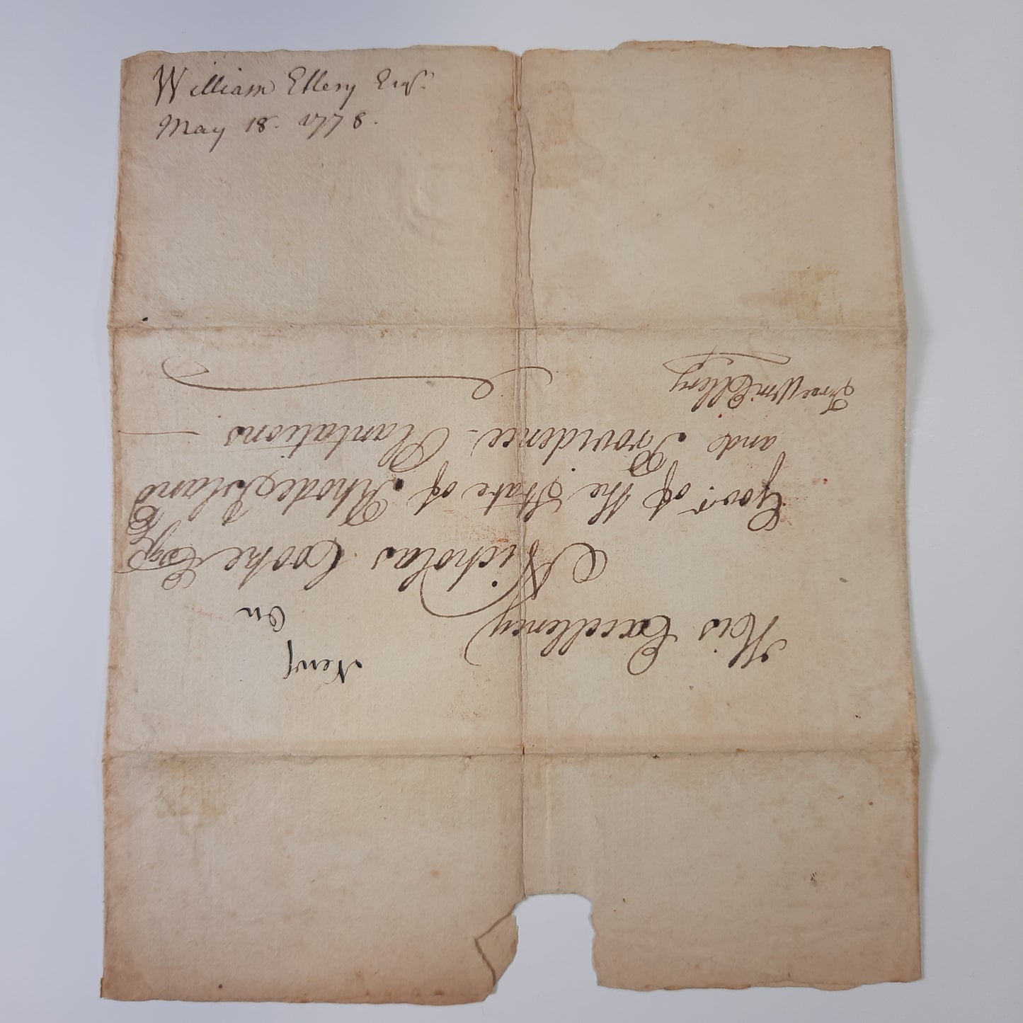 1778 William Ellery, Declaration of Independence Signer, Wartime Autograph, Continental Congress Congressional Free Frank to 1st Governor Rhode Island Nicholas Cooke