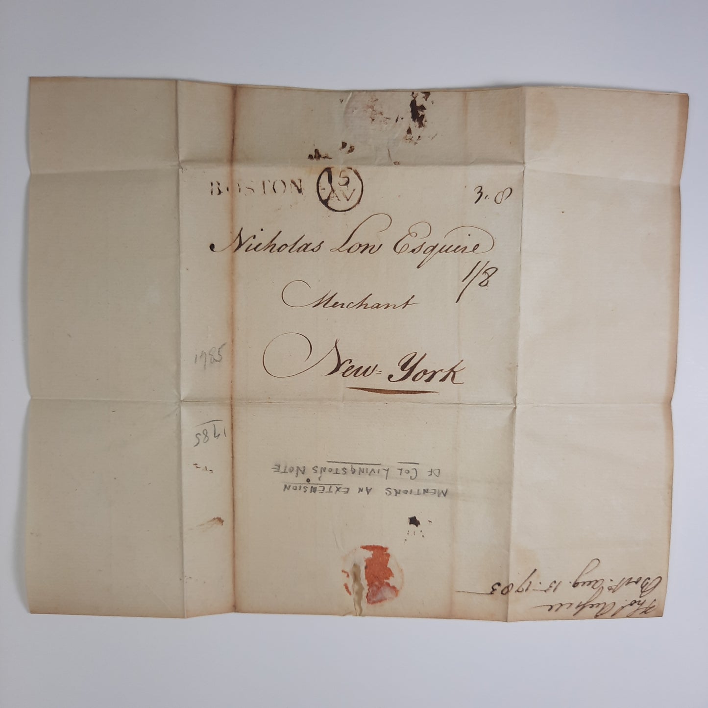 1785 Thomas Russell, Boston signed letter to Nicholas Low, Merchant, NYC, Bank of North America, Straightline & Franklin Mark Cancels