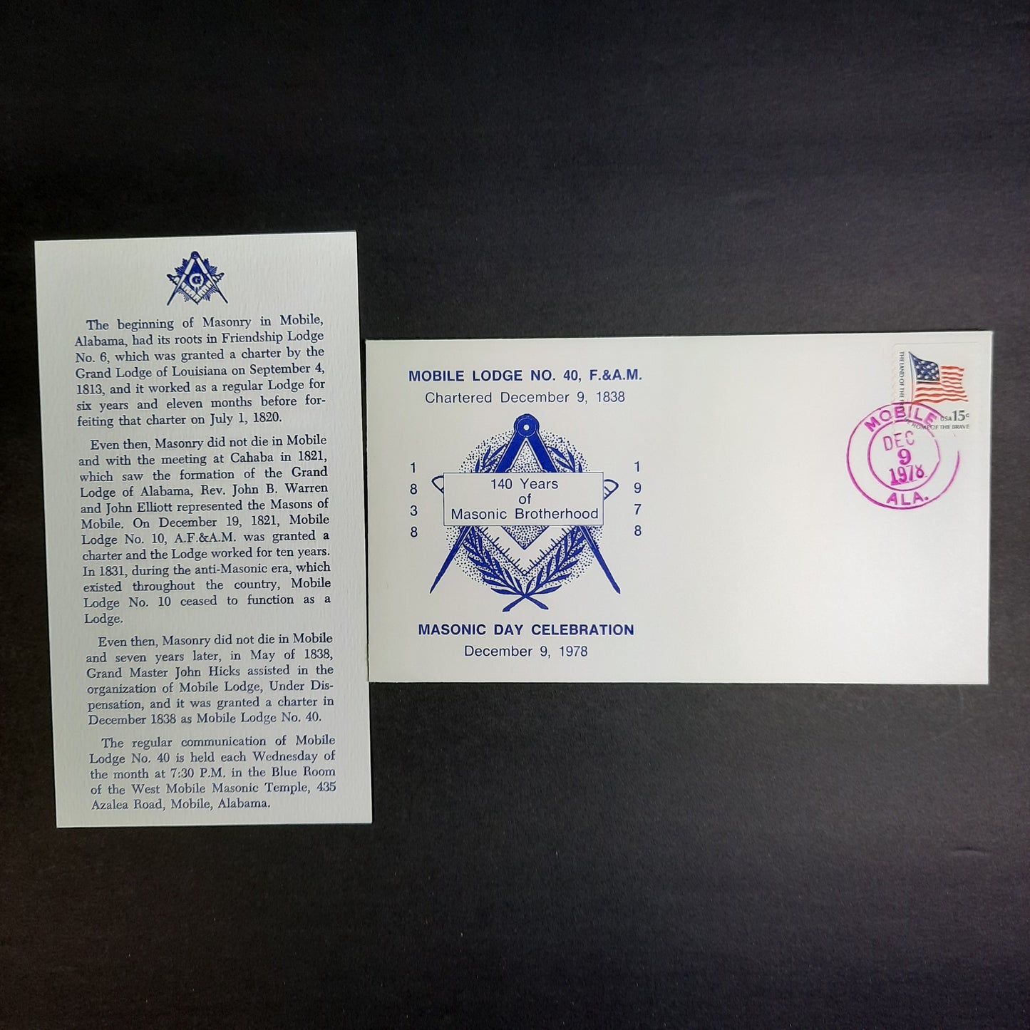 1978, Alabama, Mobile Lodge No. 40, Chartered December 9 -1838-1978 140 Years Masonic Brotherhood Art Cachet Cover