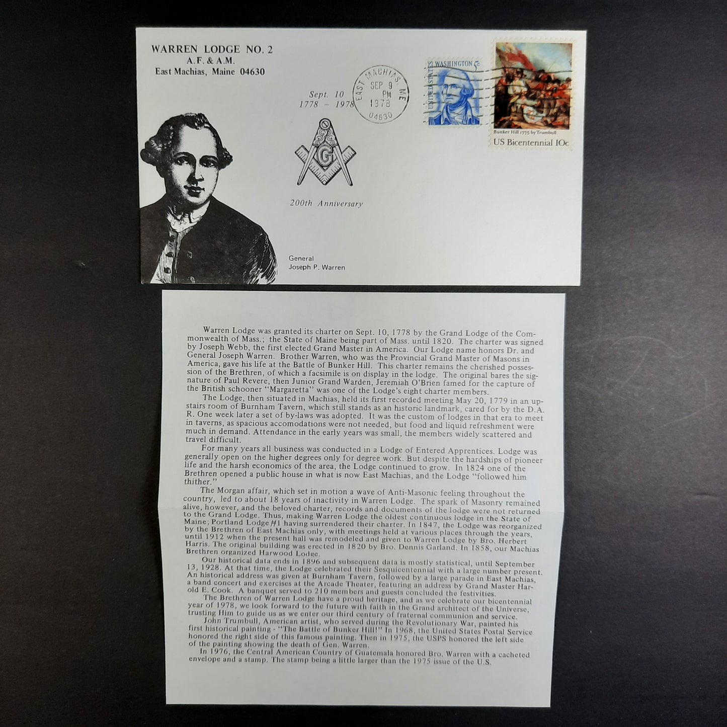 1978 General Joseph P. Warren Masonic Lodge No. 2, East Machias, Maine 200th Anniversary Cachet