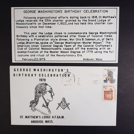 1979 George Washington's Birthday Celebration Cachet, St Matthew's Lodge, Andover, MA Masonic cover