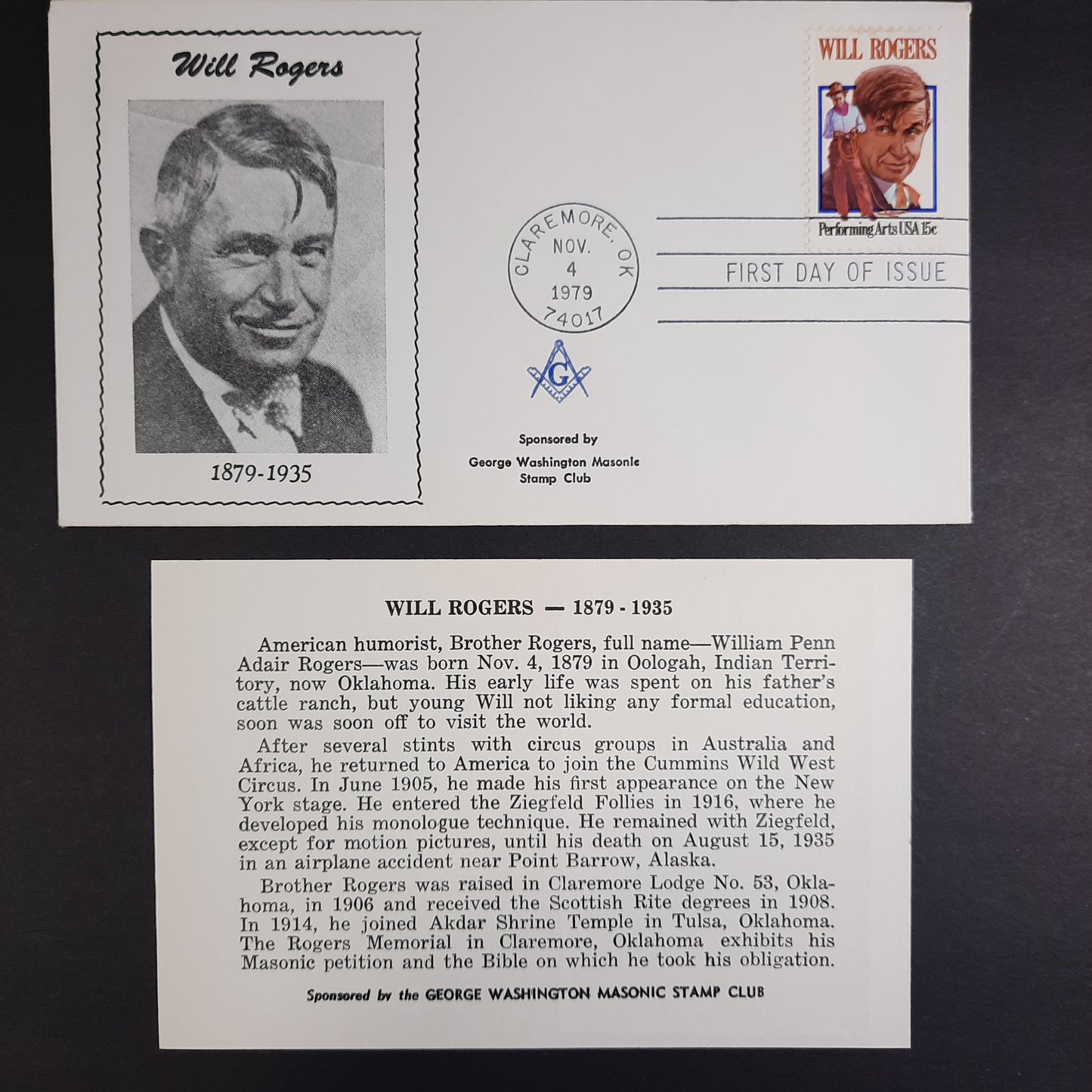 1979 WIll Rogers 1879-1935 George Washington Masonic Stamp Club First Day of Issue Cachet FDC