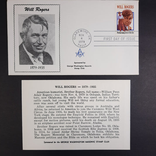 1979 WIll Rogers 1879-1935 George Washington Masonic Stamp Club First Day of Issue Cachet FDC