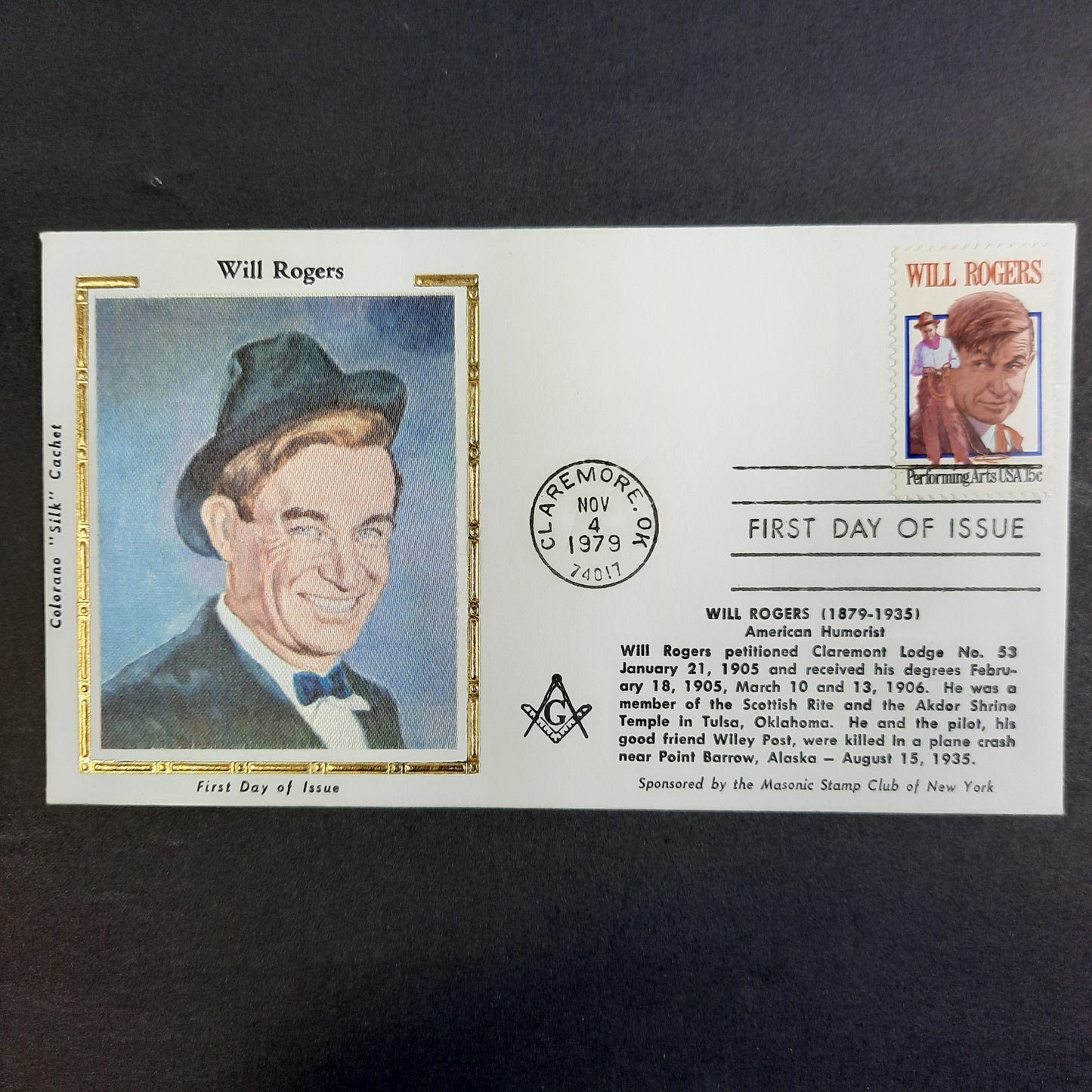 1979 Will Rogers Colorano Silk Cachet, Claremore, Oklahoma First Day of Issue, Masonic Club of New York FDC