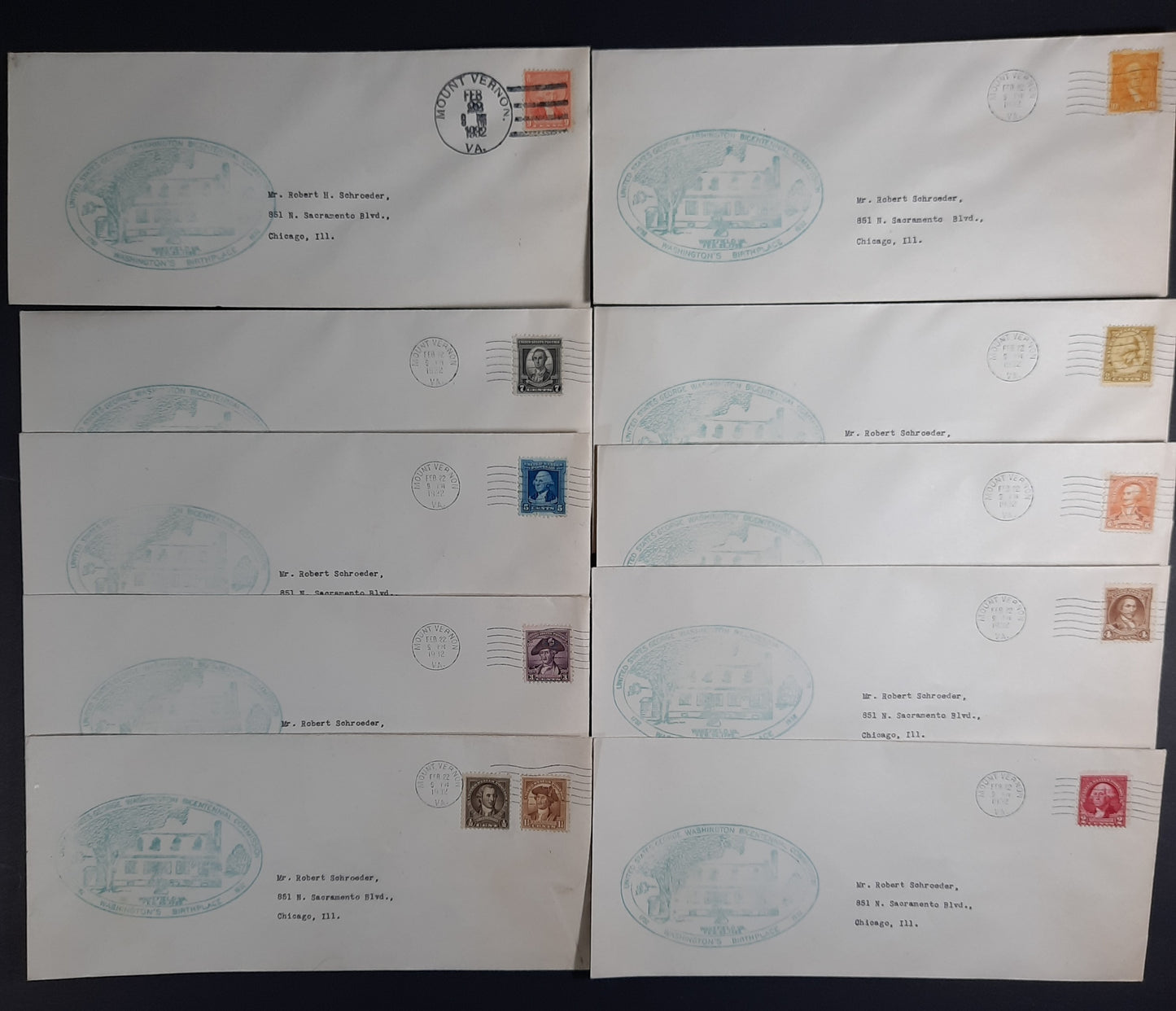 1932 George Washington Birthday Bicentennial Homemade Wakefield Birthplace Cachets FDC Complete Set 10 Covers Scott 704-715, Mount Vernon February 22