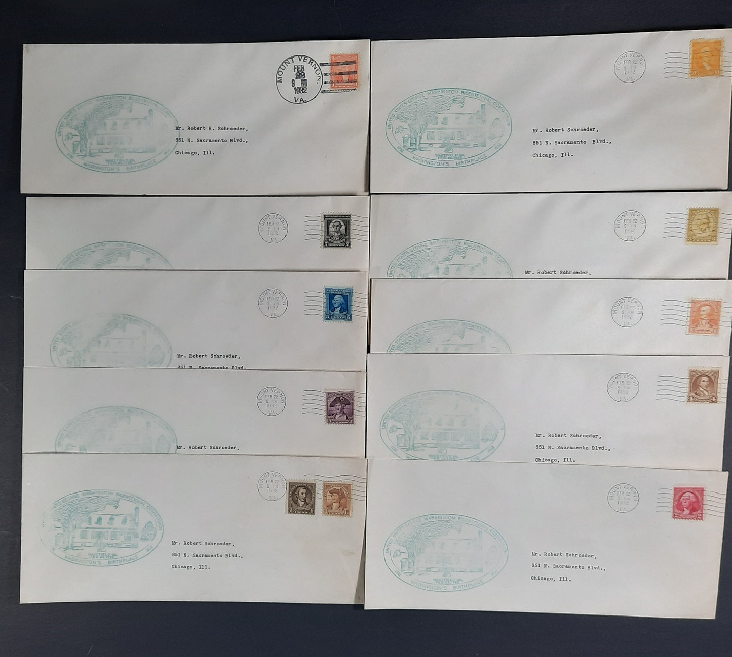 1932 George Washington Birthday Bicentennial Homemade Wakefield Birthplace Cachets FDC Complete Set 10 Covers Scott 704-715, Mount Vernon February 22