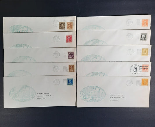 1932 George Washington Birthday Bicentennial Homemade Wakefield Birthplace Cachets FDC Complete Set 10 Covers Scott 704-715, Mount Vernon February 22