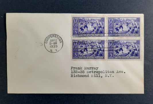 1939 June 12 Cooperstown NY Baseball Centennial FDC Block of 4 Scott 855