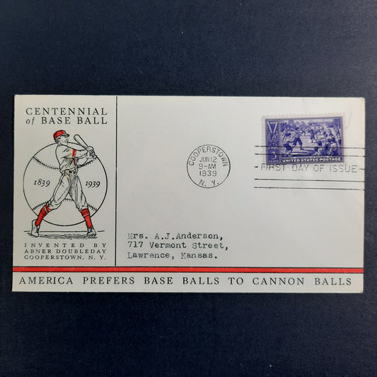 1939 America Prefers Base Balls to Cannon Balls Cachet Cooperstown NY, Abner Doubleday Baseball Centennial, FDC