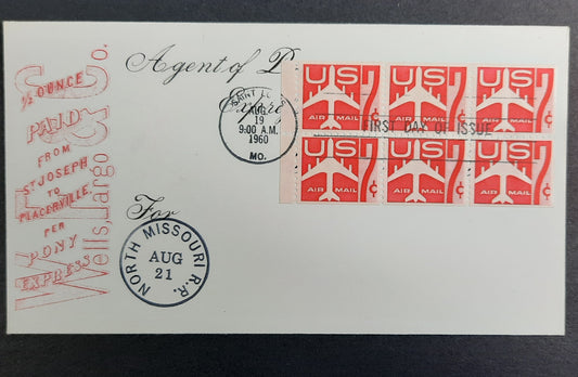 1960 St Joseph to Placerville per Pony Express Cachet Scott C60a Red Booklet Pane, North MO Railroad, St. Louis Postmarks