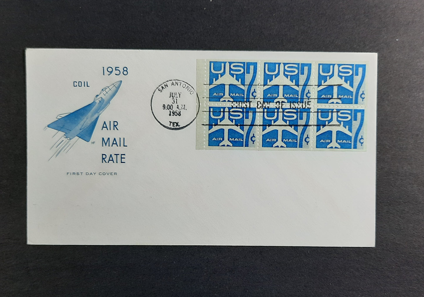 1958 Coil Air Mail Rate, San Antonio, TX, Scott C51a Booklet Pane of 6 FDC Cachet