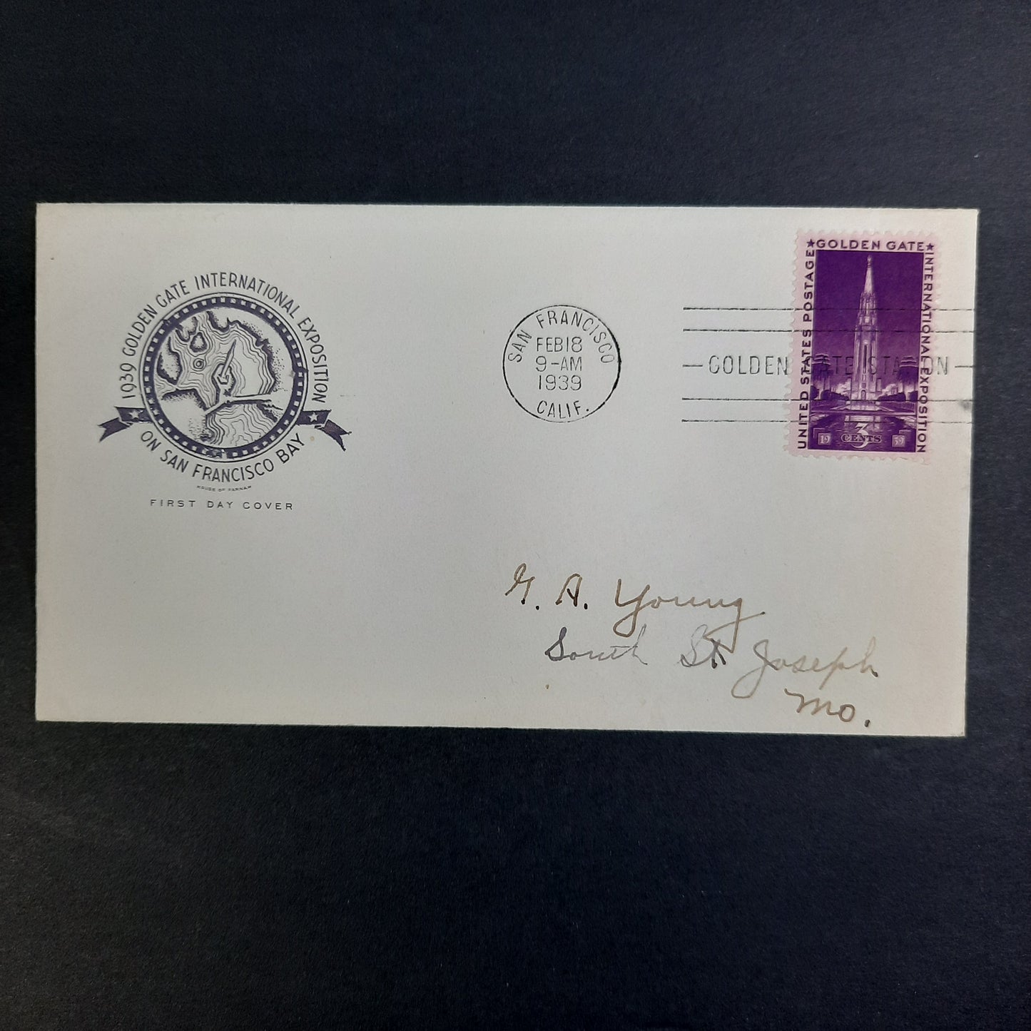 1939 Golden Gate Bridge International Exposition on San Francisco Bay House of Farnum Cachet, February 18, Scott 852 FDC Golden Gate Station Postmark