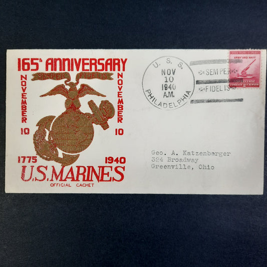 1940 U.S. MARINES 165TH ANNIVERSARY USS Philadelphia Official Cachet, Semper Fidelis November 10 Postmark (to OH)