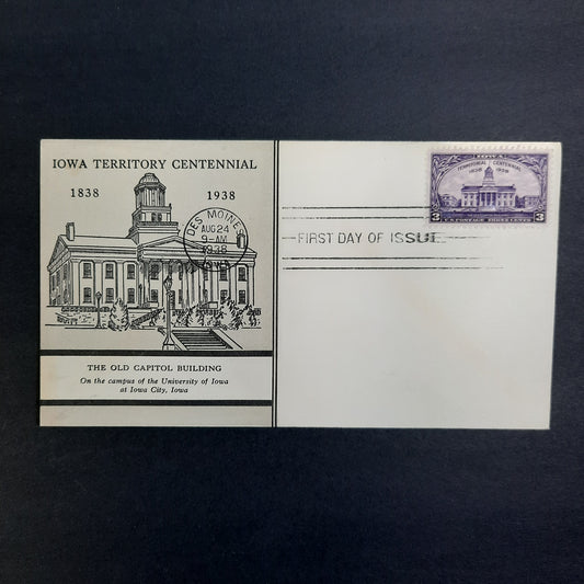 1938 Iowa Territory Centennial Cachet, Des Moines August 24, Scott 838 FDC