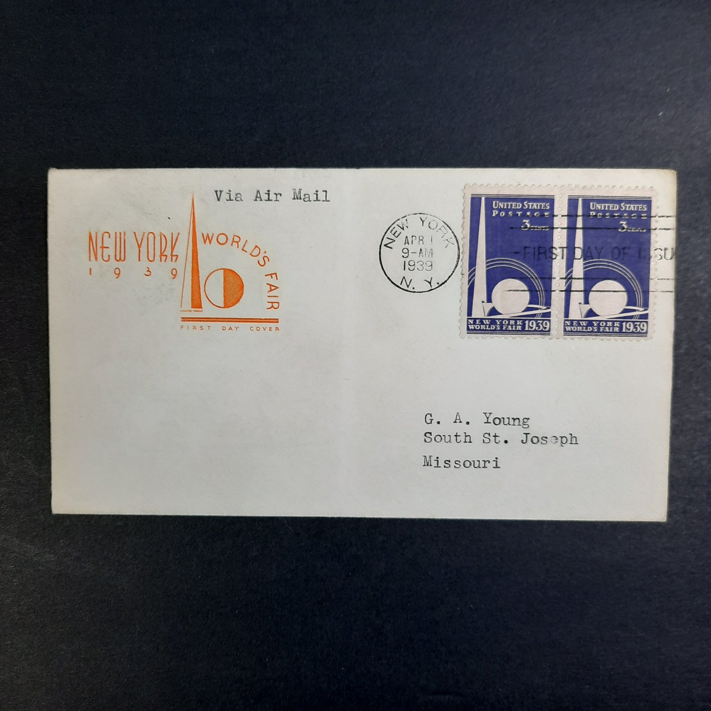 1939 World's Fair New York City Cachet April 1 FDC Pair Scott 853