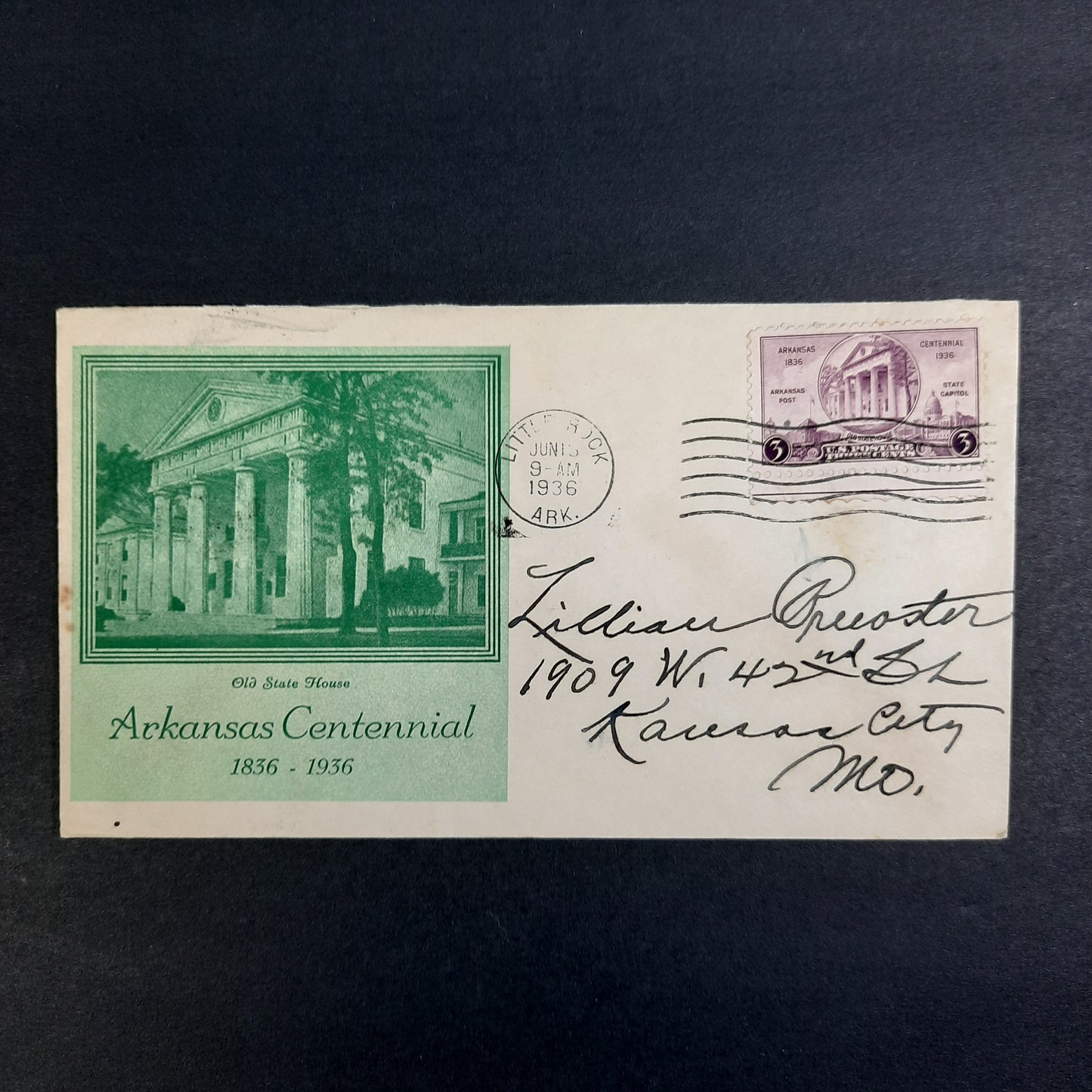 1936 Arkansas Centennial Old State House Cachet, Little Rock June 15 Scott 782