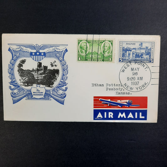 1937 United States Military Academy, Postmarked West Point, New York Cachet May 26 Scott 789 first day of issue tied to 785 Airmail FDC