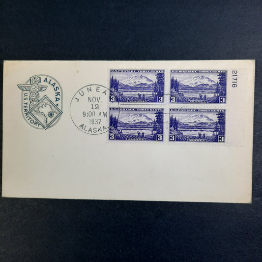 1937 Alaska Territory Cachet Juneau, AK November 12 FDC Scott 800 block of four w plate number