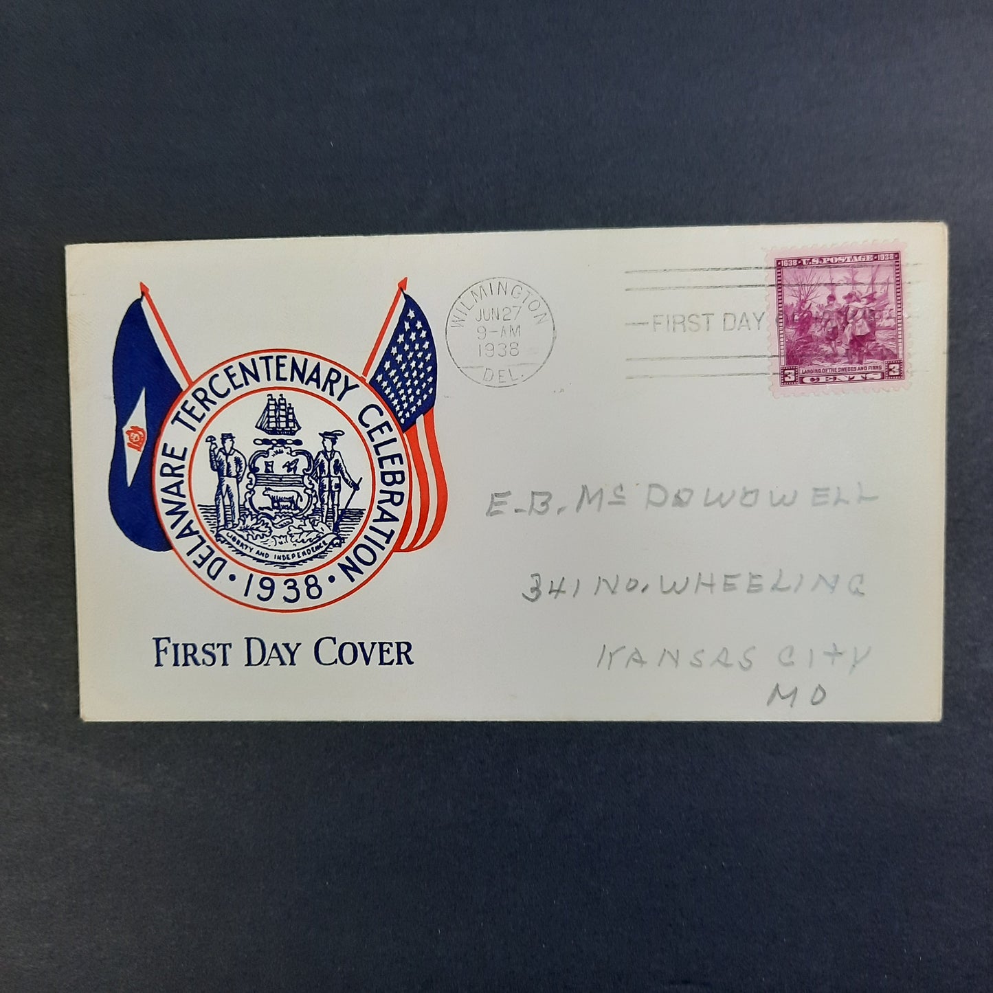 1938 Delaware Tercentenary Cachet with Scott 836 Swedes & Finns First Day of Issue June 27 (KC)