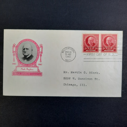 1940 Mark Hopkins Famous American Educator Cachet, Scott 870 Strip of 2 March 14 FDC