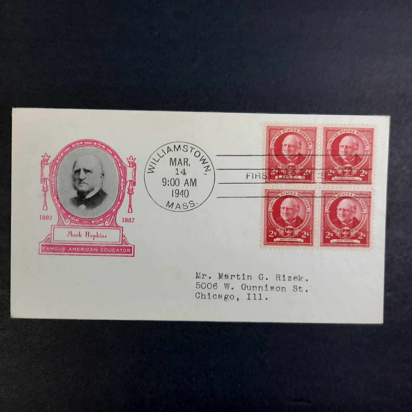 1940 Mark Hopkins Famous American Educator Cachet, Scott 870 Block of 4 March 14 FDC