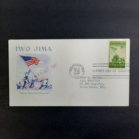 1945 Iwo Jima Artistic Cachet 13 July First Day Issue "Marines Raise Old Glory on Iwo" DC to Great Lakes T.C. IL Scott 929