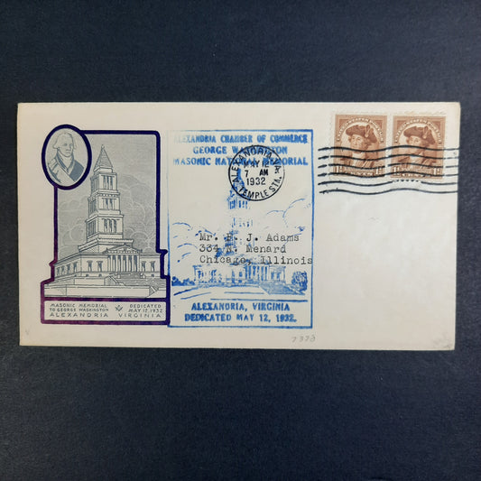 1932 George Washington Masonic National Memorial Cachet Alexandria Chamber of Commerce, VA Temple Station, Scott 706 pair