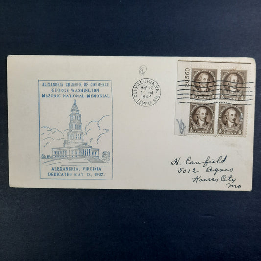 1932 George Washington Masonic National Memorial Cachet Alexandria COC, VA Scott 704 plate block of 4