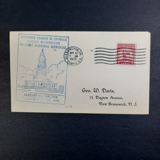 1932 George Washington Masonic National Memorial Cachet May 12, Alexandria, Virginia Temple Station, Baron Von Steuben Scott 689