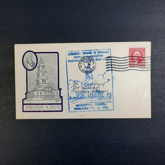 1932 George Washington Masonic National Memorial Cachet Alexandria Chamber of Commerce, Virginia Temple Station, Scott 707