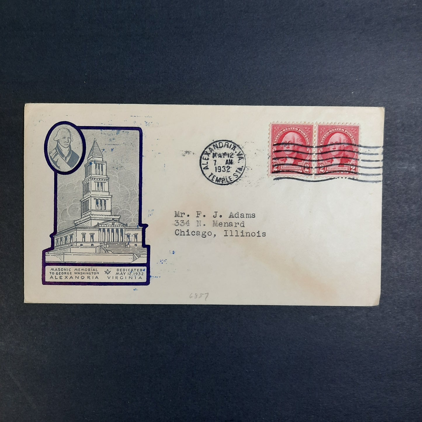 1932 George Washington Masonic National Memorial Cachet Alexandria Chamber of Commerce, VA Temple Station, Scott 707 pair