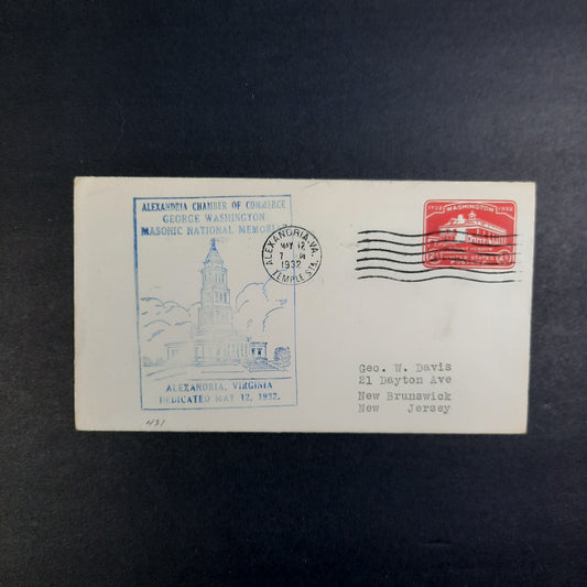 1932 George Washington Masonic National Memorial Cachet May 12, Alexandria Chamber of Commerce, Mount Vernon Stamped envelope, Scott U525