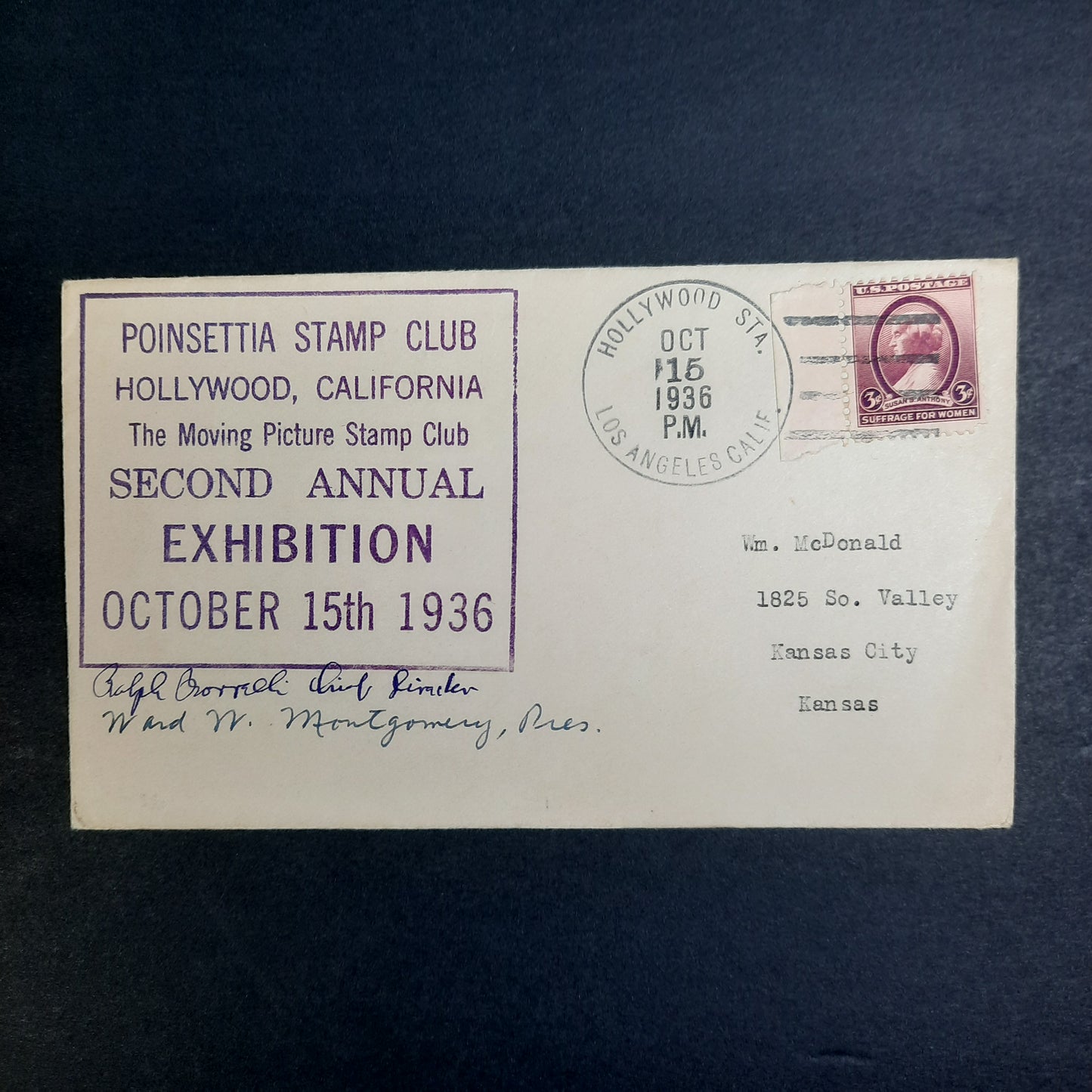 1936 Duo Signed Cachet, Susan B. Anthony issue, Poinsettia Moving Picture Stamp Club, Hollywood Station, Los Angeles California October 15 Exhibition