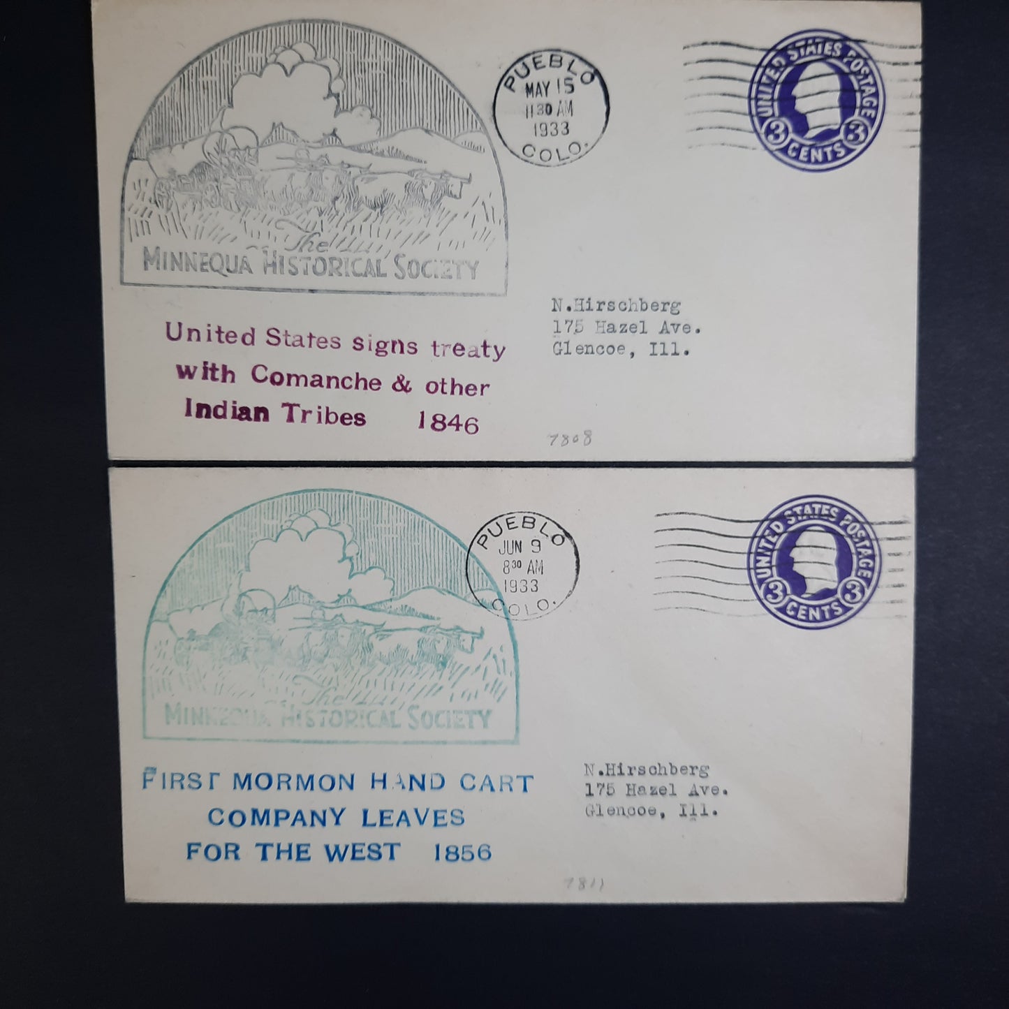 1933 Cacheted Covers Pair US Treaty with Comanches 1846 & First Mormon Handcart Leaves for West 1856, Minnequa Historical Society