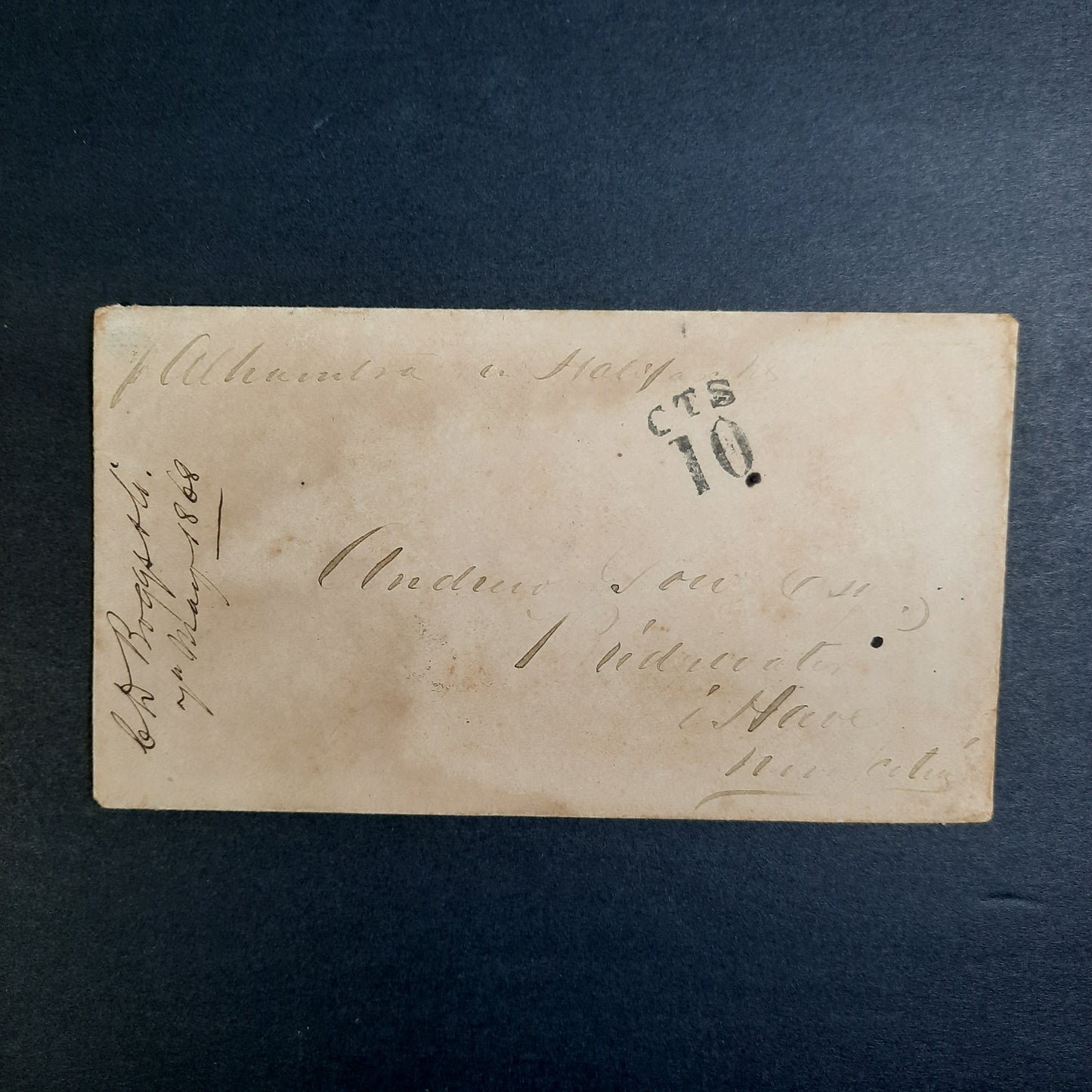 1868 C.D. Boggs Boston Merchant Stampless CDS envelope "CTS 10" to Nova Scotia, + 3 reverse CDS May 9, 11, 13, 1868