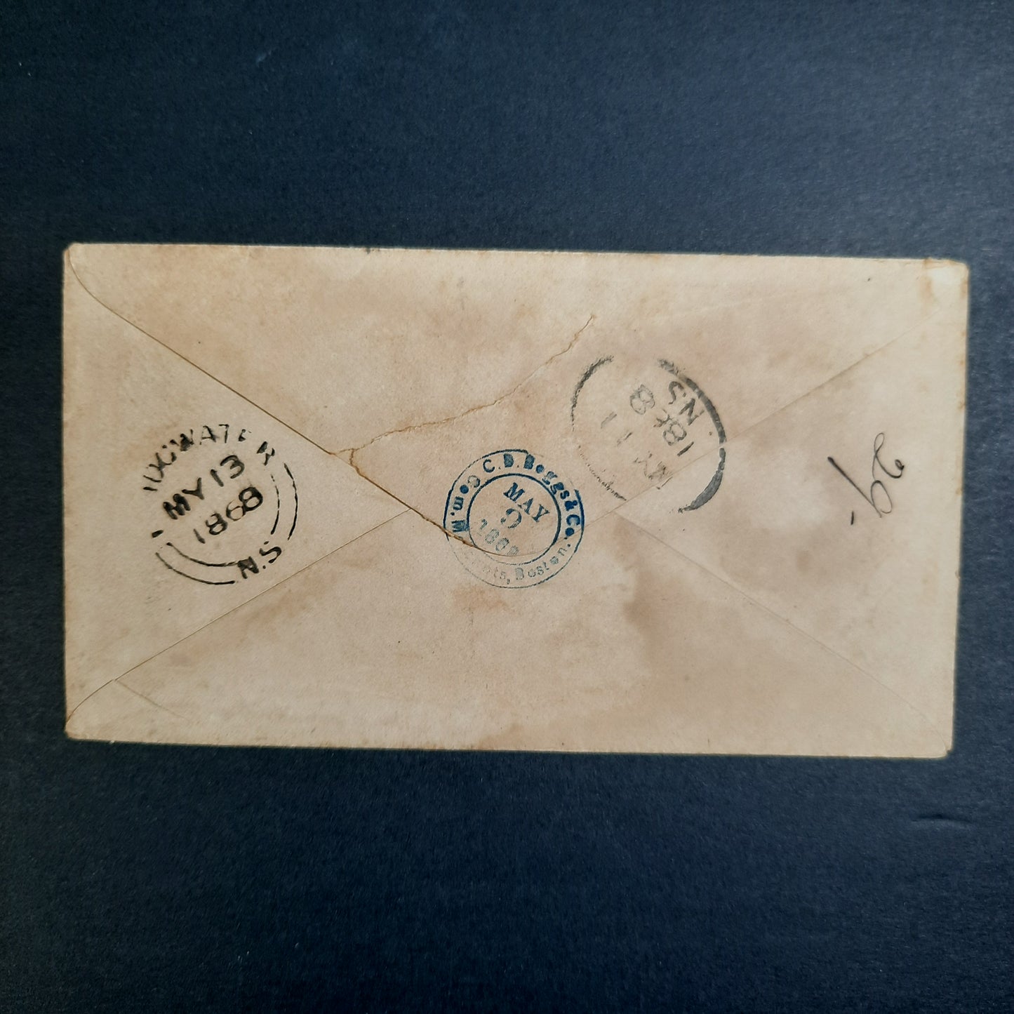 1868 C.D. Boggs Boston Merchant Stampless CDS envelope "CTS 10" to Nova Scotia, + 3 reverse CDS May 9, 11, 13, 1868