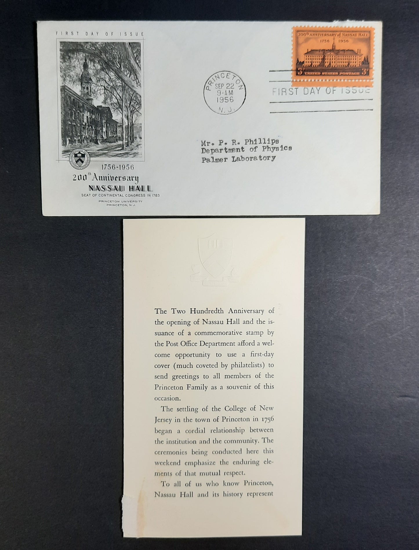 1956 Nassau Hall, Princeton University, Seat of Continental Congress 1783, to Department of Physics September 22, FDC