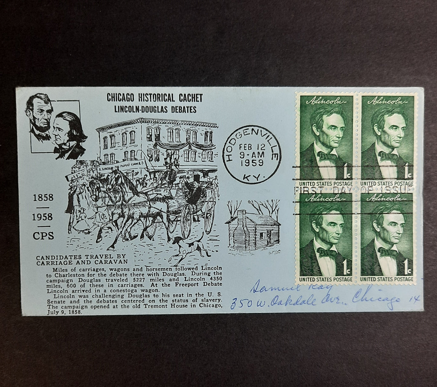 1959 February 12 Abraham Lincoln Lincoln Douglas Debates Cachet, Birthplace Postmark Hodgenville, Kentucky