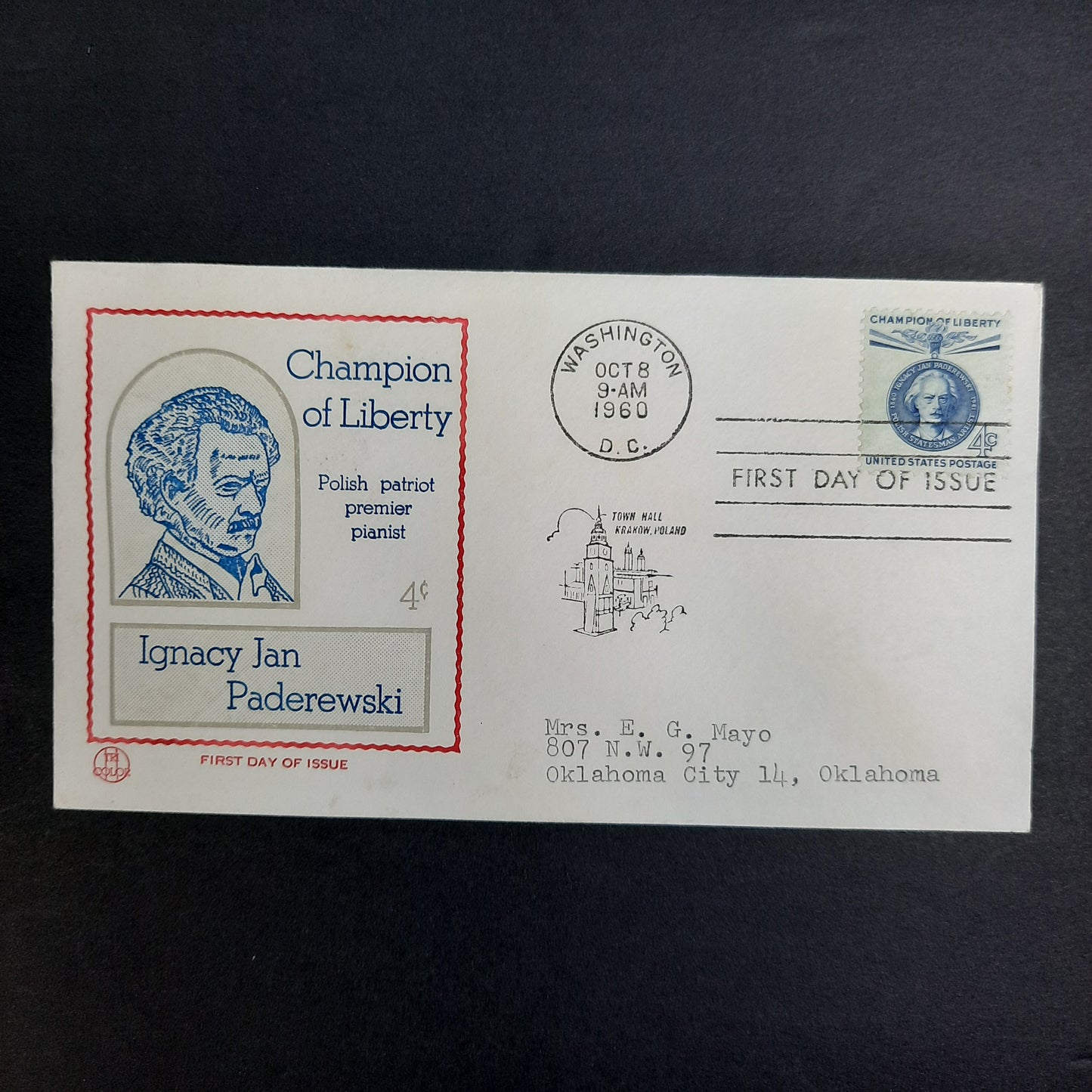 1960 Ignacy Jan Pederewski Tri Color Cachet FDC, Oct 8, Polish Patriot – premier pianist, Krakow