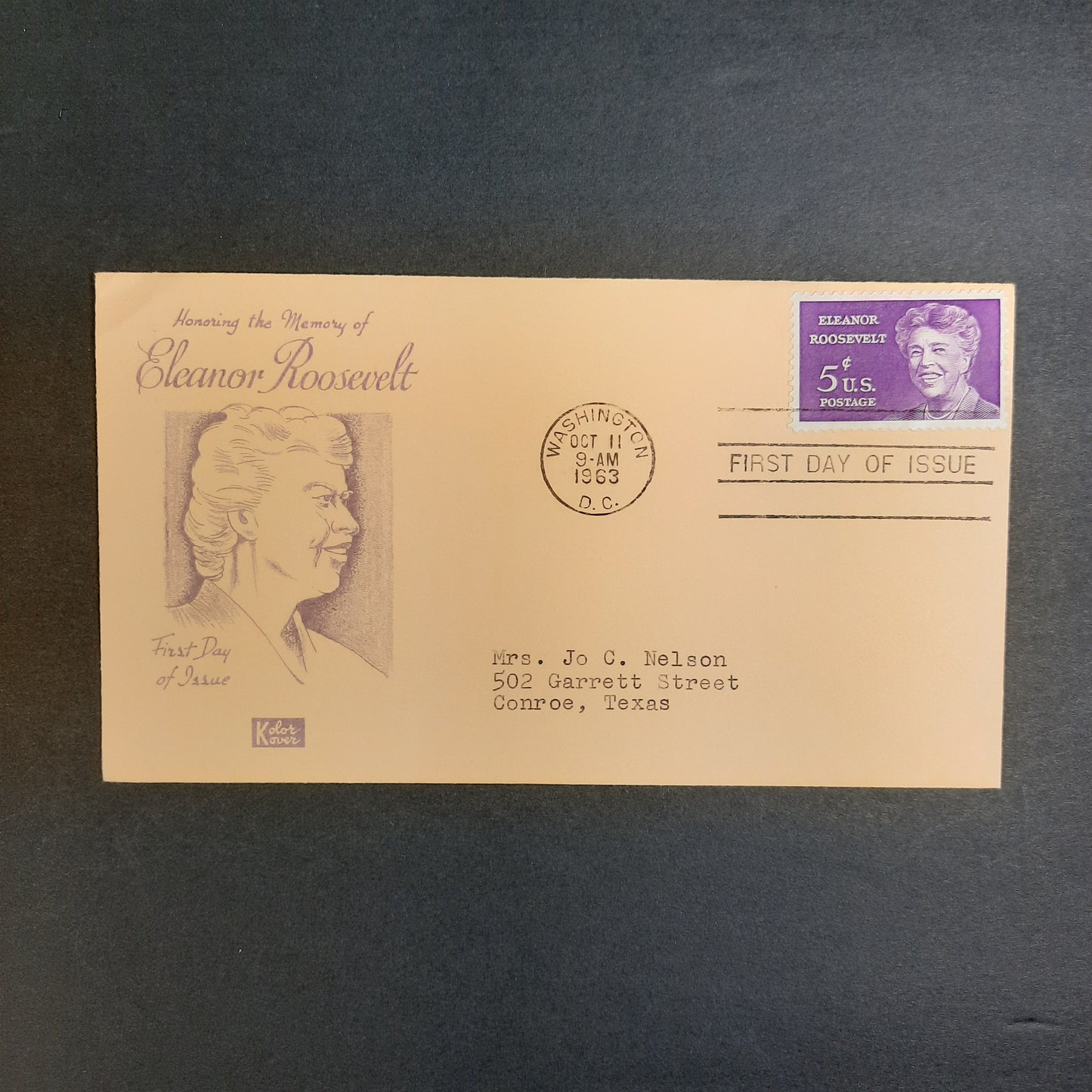 1963 Eleanor Roosevelt Memorial Cover, Kolor Kover Cachet, Oct 11 FDC